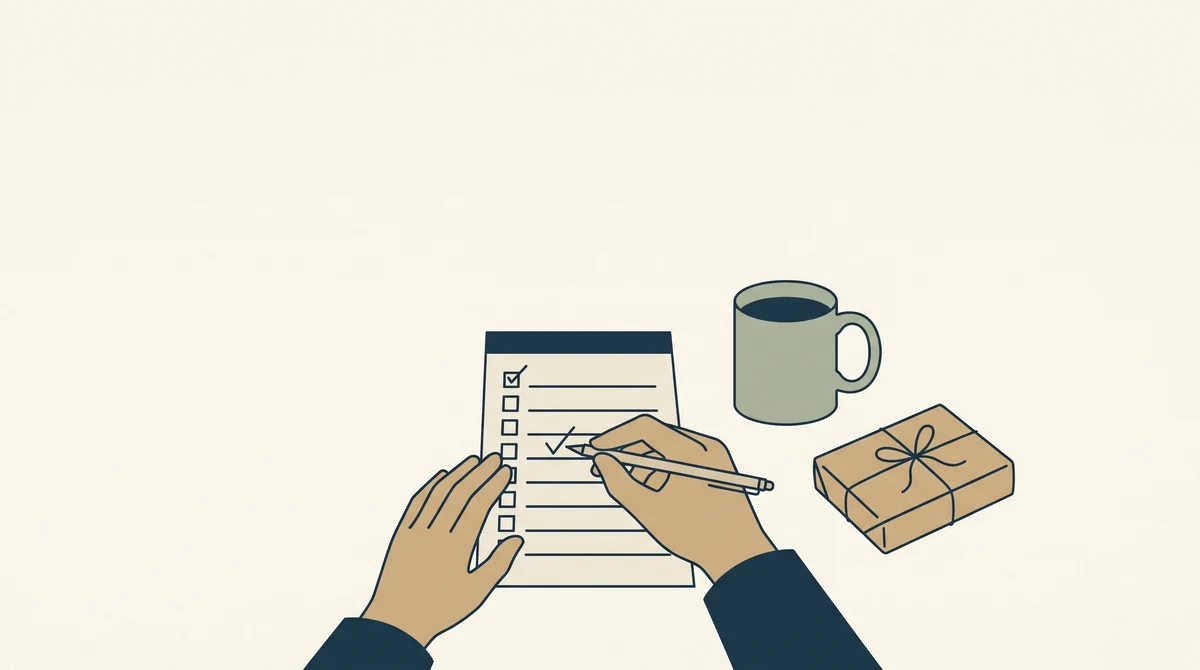 Hands working down a blank ruled checklist on a desk, with a mug and a small parcel beside it.