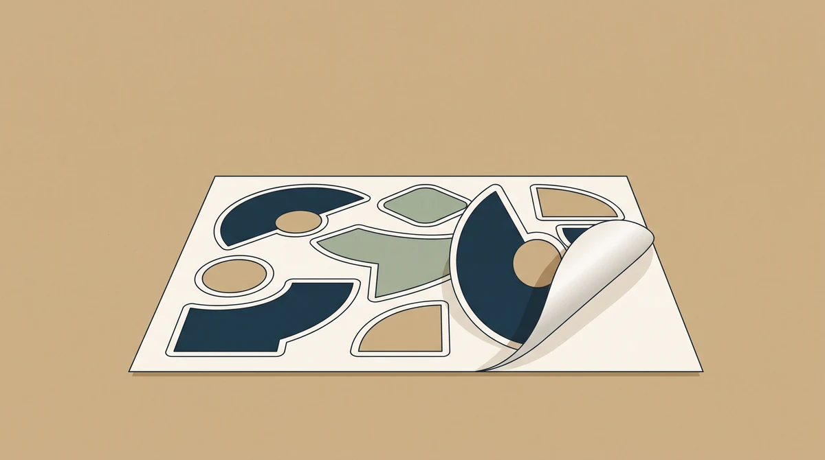 A sheet of die cut stickers in simple abstract shapes, with one sticker peeled halfway up off the backing.