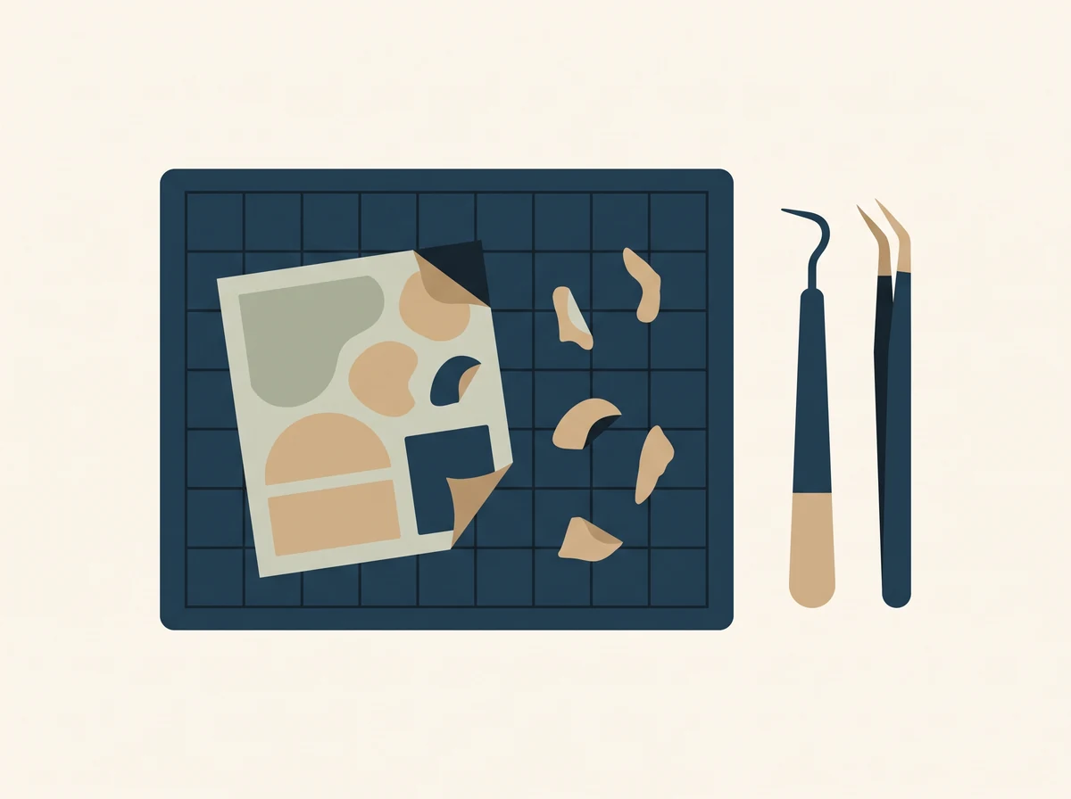 A cutting mat holding a part cut sticker sheet, with a weeding hook and tweezers laid beside it.