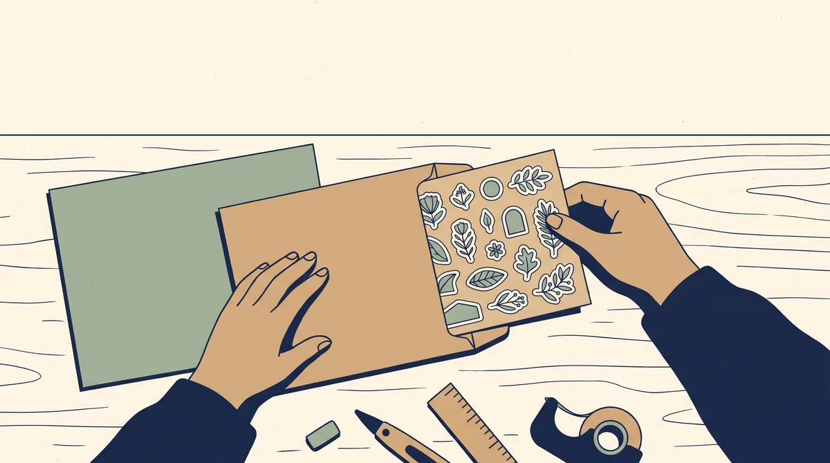 A finished sticker sheet being slipped into a flat card mailer with a stiff backing board.