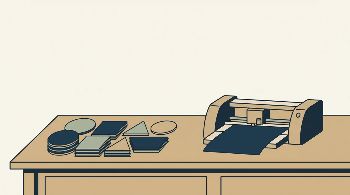 A stack of neatly cut card shapes beside a small unbranded desktop cutting machine on a workbench.