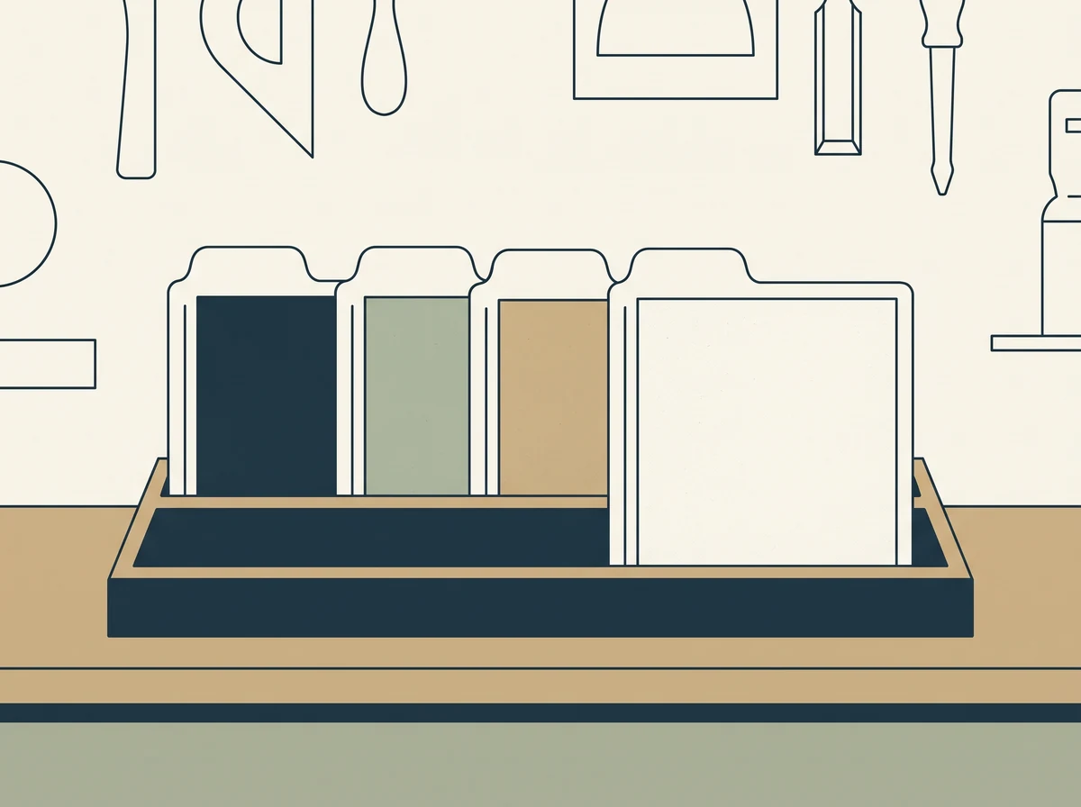 An open tray holding four upright paper folders with blank tabs, each holding a different plain cut sheet.