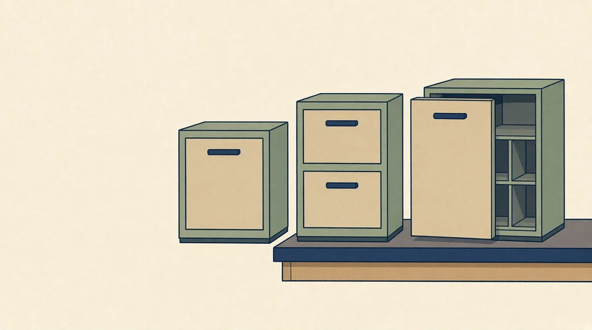 Three plain wooden drawer units side by side, the tallest one open and empty