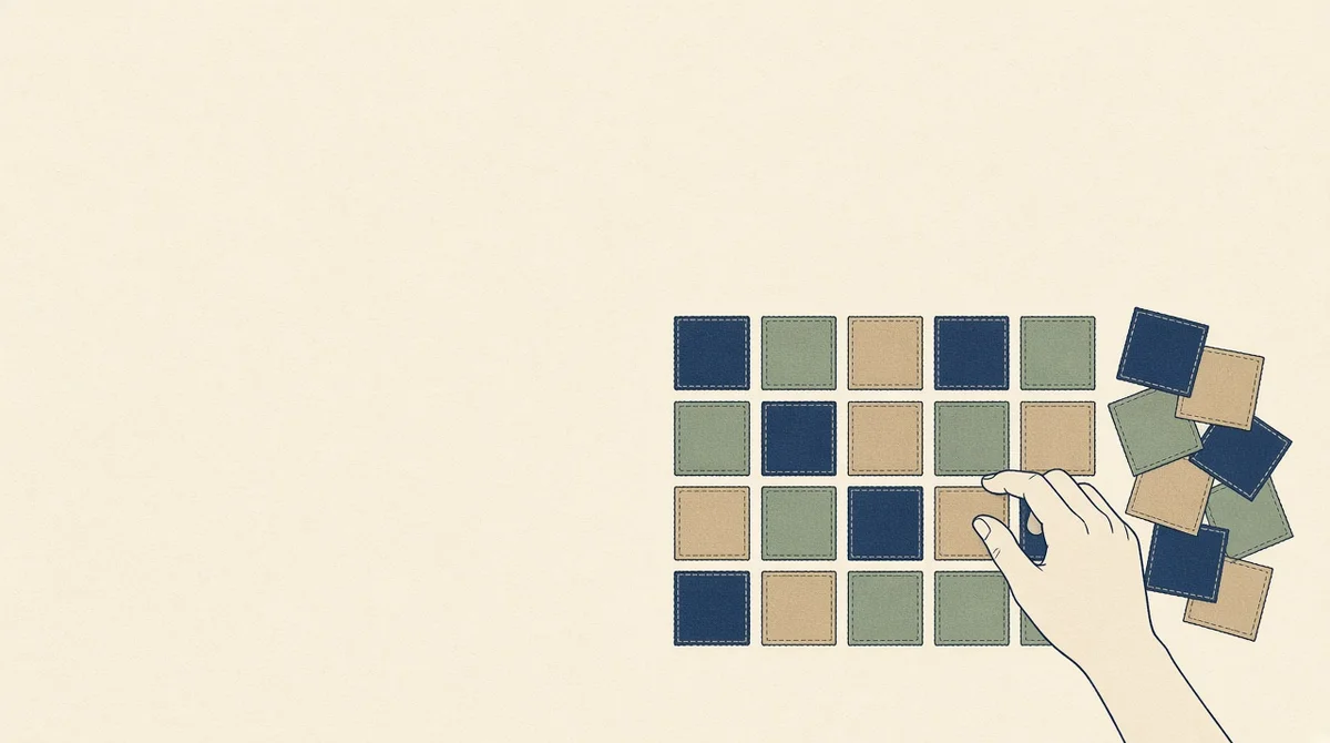 A hand laying fabric swatches into a grid, with unsorted swatches waiting at the edge