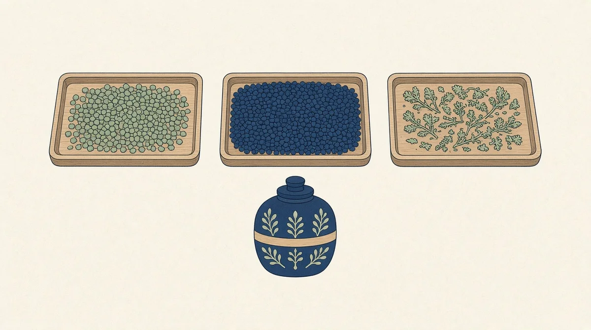 A product at the centre of three shallow trays of materials, one fuller than the others