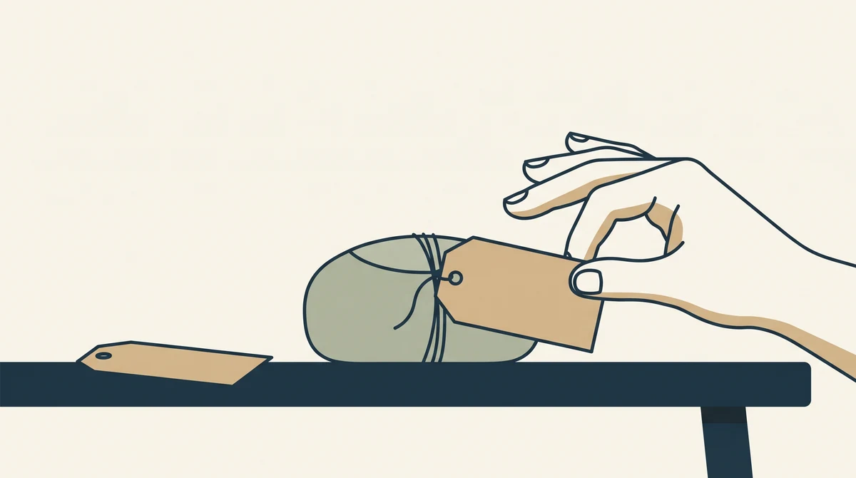 A hand hovering over a blank label tied to a finished product, with a second blank label lying ready beside it.