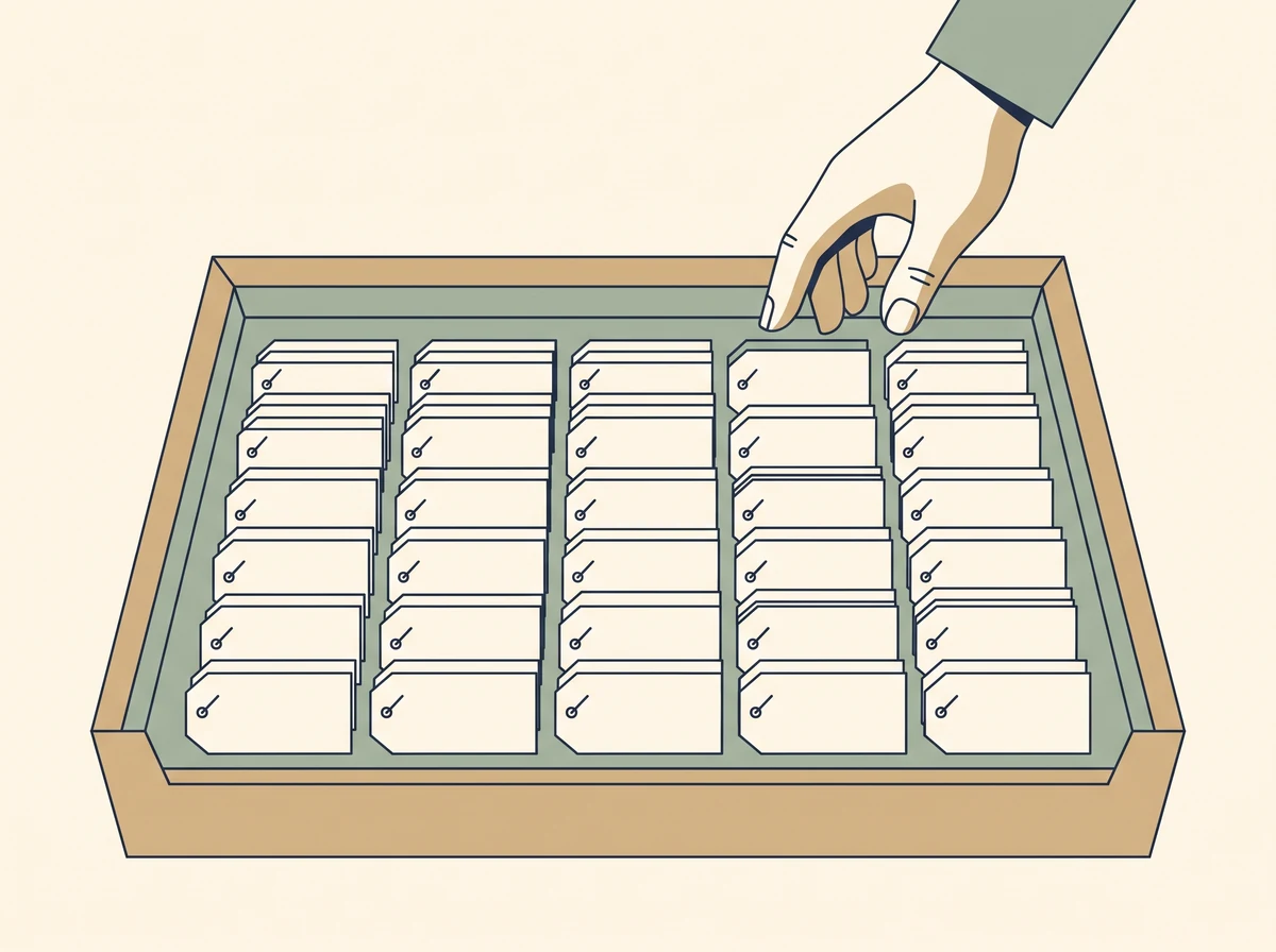 A tray of small blank tags where every tag already carries a tick mark, with a hand paused above without touching them.
