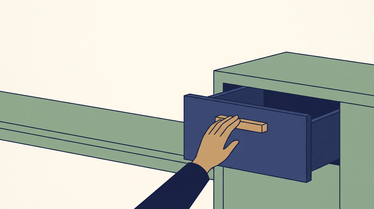A hand resting still on the handle of a partly open drawer, not pulling it further.