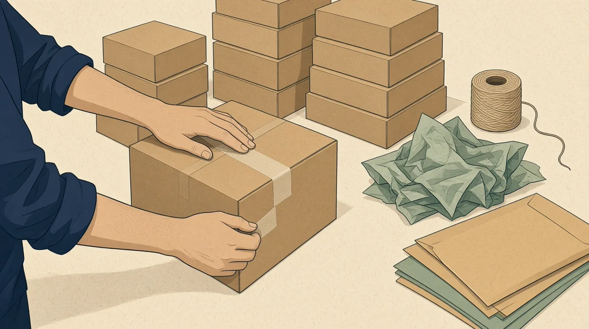 A seller's hands, sleeves rolled to the forearm, taping a parcel shut at a crowded home packing table stacked with finished kraft boxes, tissue paper and a roll of twine.