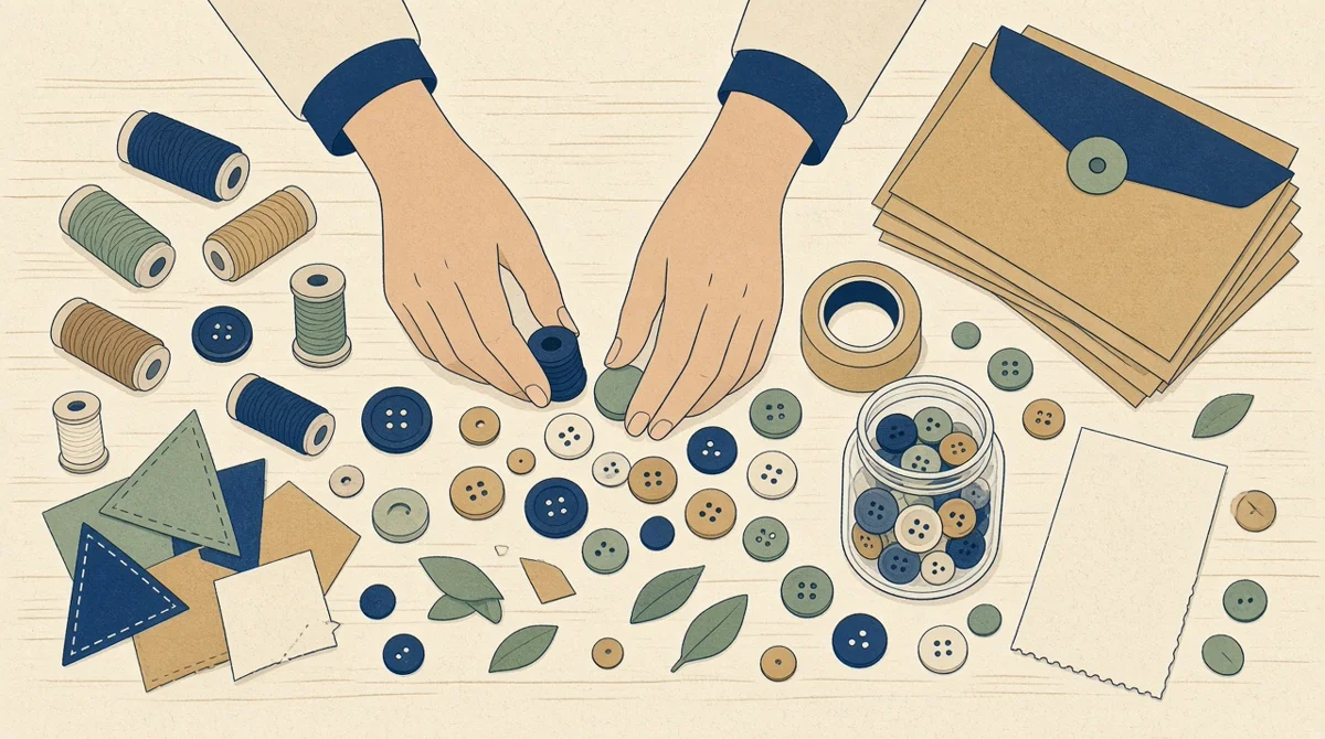 Hands with forearms visible sorting craft supplies on a wooden worktable: spools of thread, a stack of flat mailers, a roll of packing tape and a small jar of buttons beside a blank paper receipt.