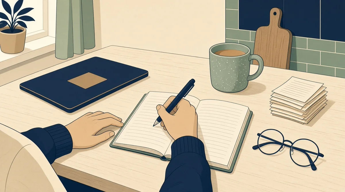 A seller's hands, forearms resting on a kitchen table, holding a pen over a small notebook of blank ruled lines, beside a closed laptop, a mug and a short pile of paper receipts with no visible writing.