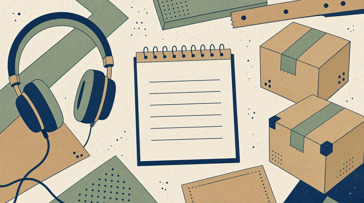 Flat illustration of a blank calendar page, sticky note, tea cup, and closed notebook on a cream desk.
