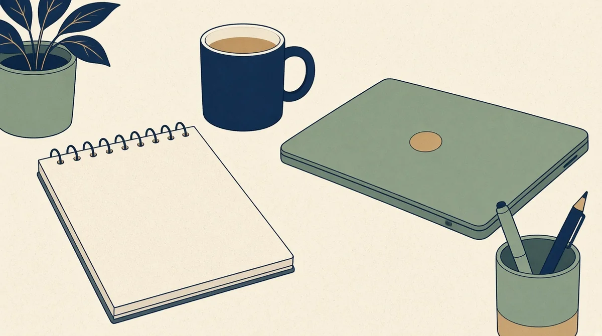 Flat illustration of a seller desk with headphones, blank notepad, and two small shipping boxes.