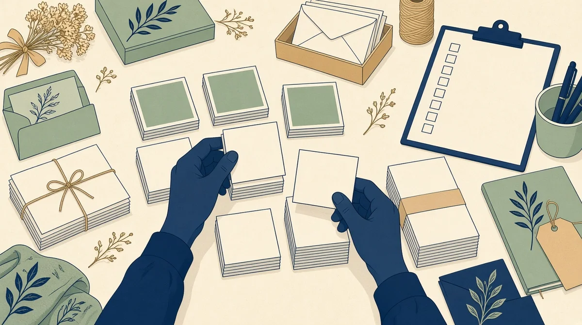 Flat illustration of hands sorting blank product photo cards beside a blank checklist on a workbench.