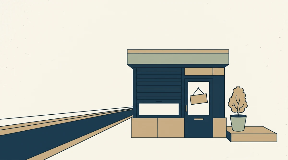 A small shop front with the shutter pulled down and a blank sign hanging on the door, a potted plant on the step.