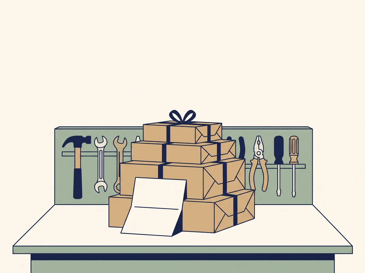 A tidied workbench with finished parcels stacked ready, tools back in their rack and a blank folded note propped against them.