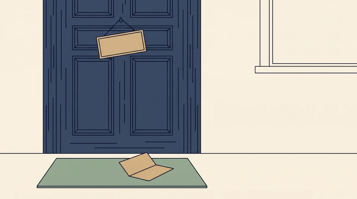 A closed shop door with a hanging sign and a letter on the mat beneath it