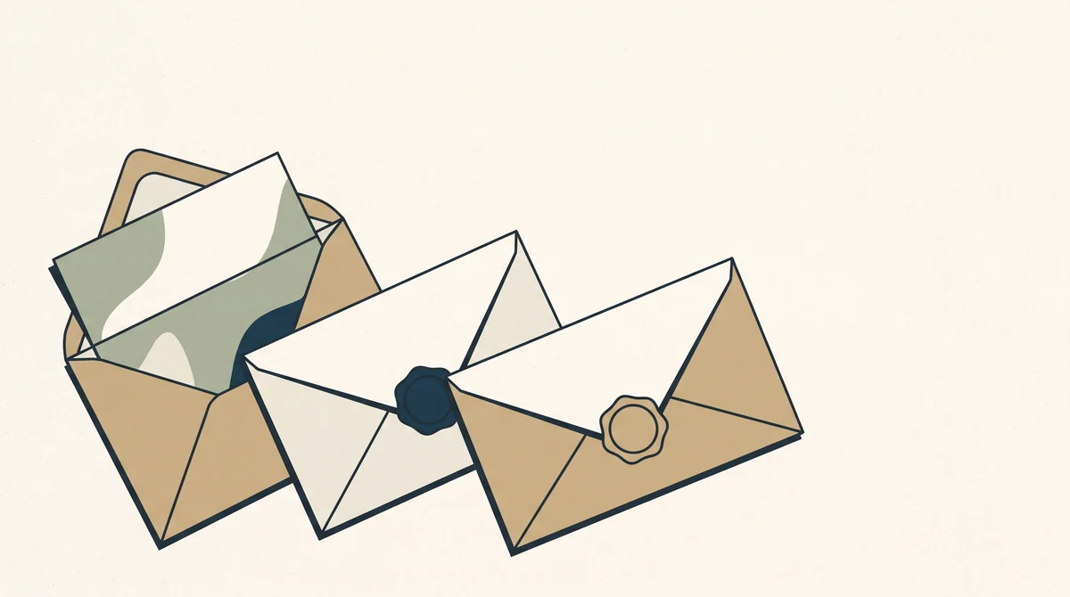 Three envelopes on a surface, one opened with a note half out and two still sealed