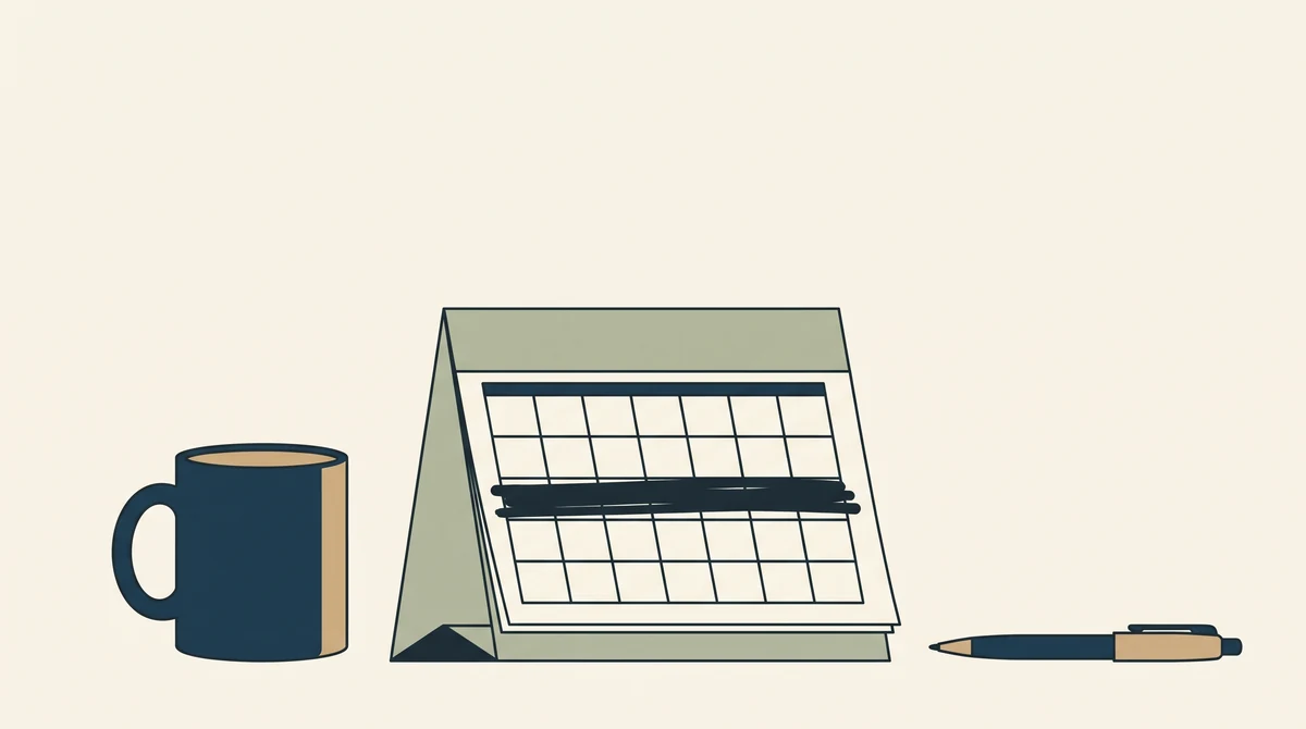 A desk calendar with a week blocked out, beside a mug and a pen