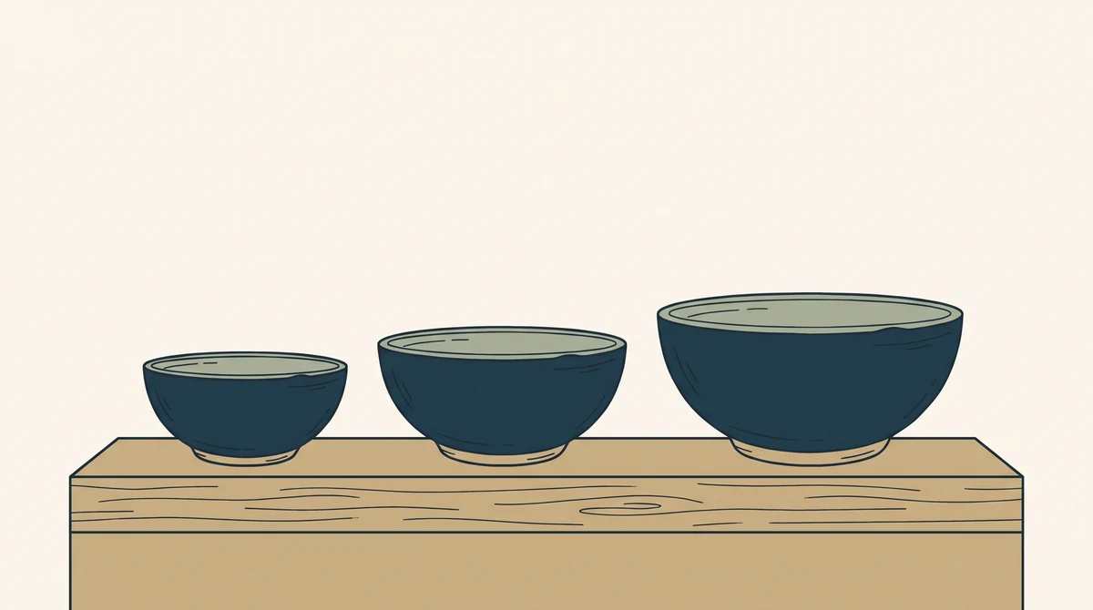 The same handmade bowl in three different sizes, standing in a row from small to large.