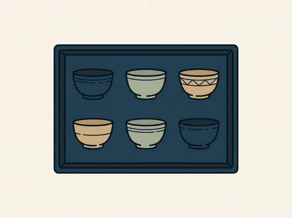 A tray holding the same small item in six different colourways, arranged in a neat grid.