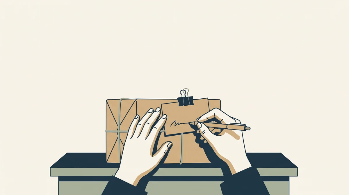 Hands writing on a small blank order card clipped to the top of a wrapped parcel.