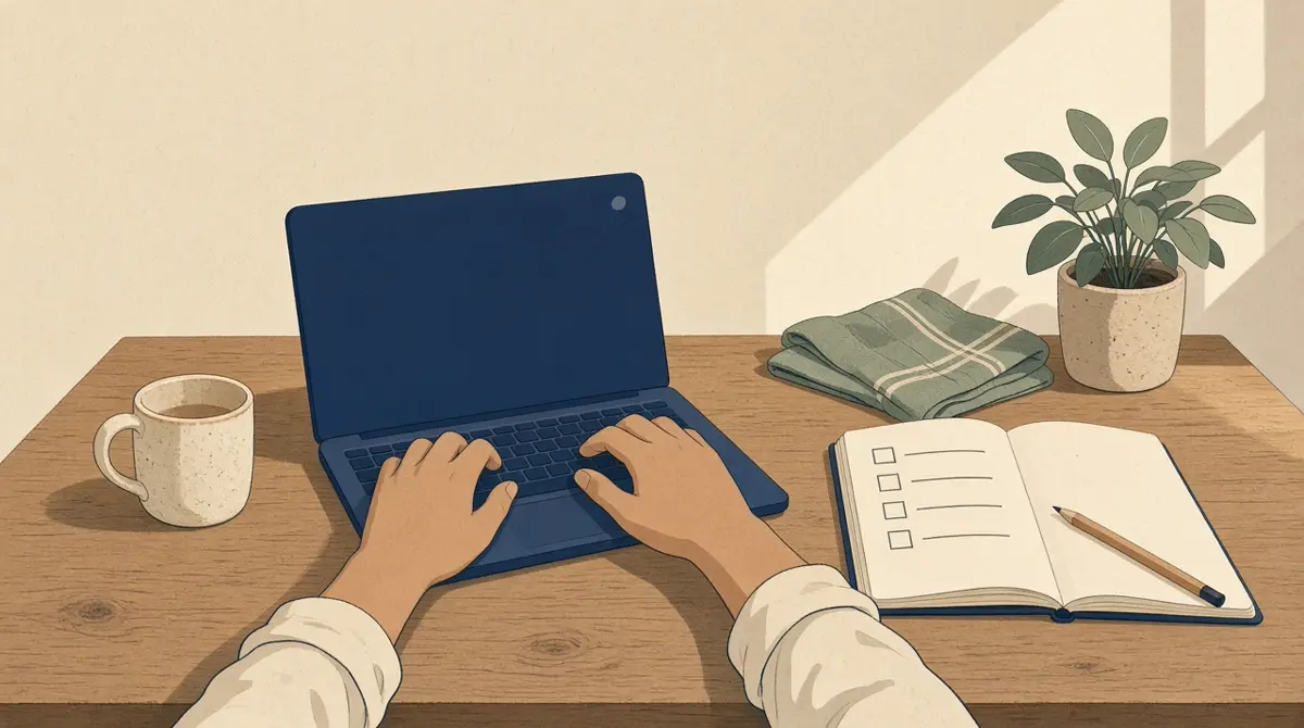 Hands resting on a laptop keyboard at a wooden kitchen table, beside an open notebook with a blank checklist and a small handmade ceramic mug.