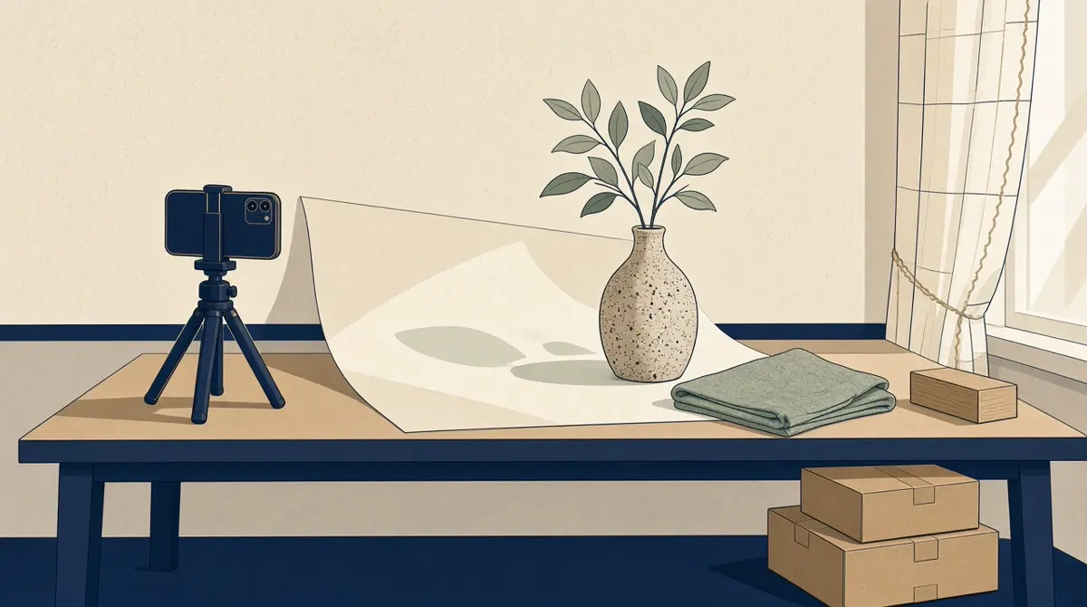 A handmade ceramic bud vase on a cream paper backdrop near a window, with a phone on a small tabletop tripod and a folded linen cloth beside it.