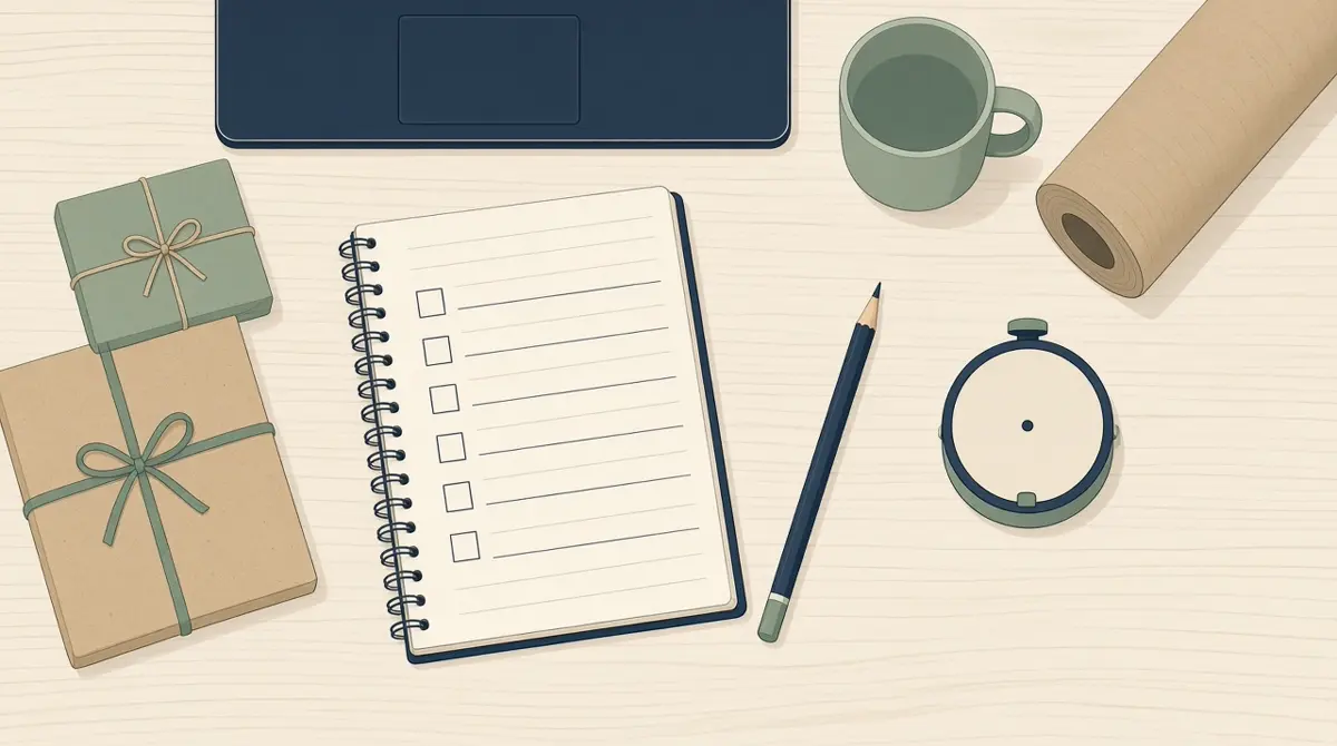 An open notebook showing a blank checklist of empty boxes, a pencil and a small kitchen timer beside a closed laptop on a wooden table.