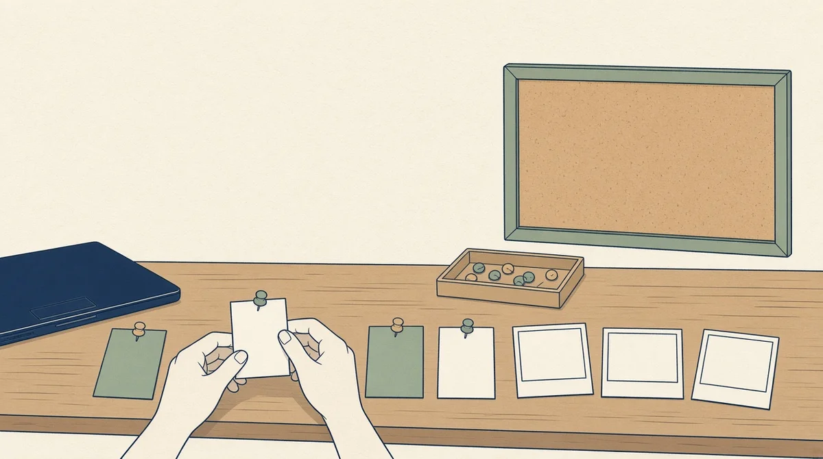 Hands arranging blank pin cards and empty photo prints on a wooden desk beside a closed laptop