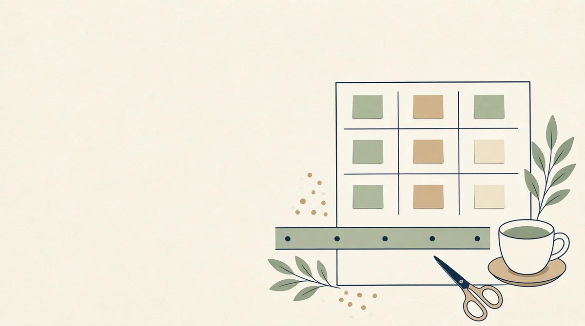 Workspace planning scene with blank sticky notes, a blank timeline strip, coffee cup, and scissors