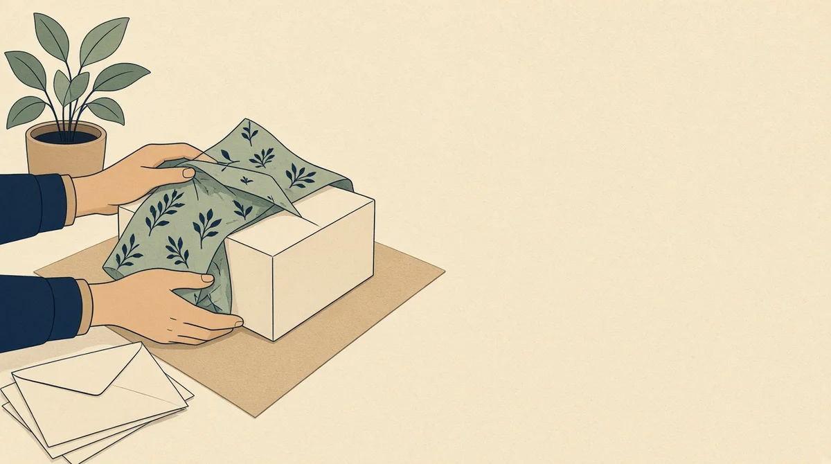 Hands wrapping a plain unlabeled product box with tissue paper near blank envelopes and a plant