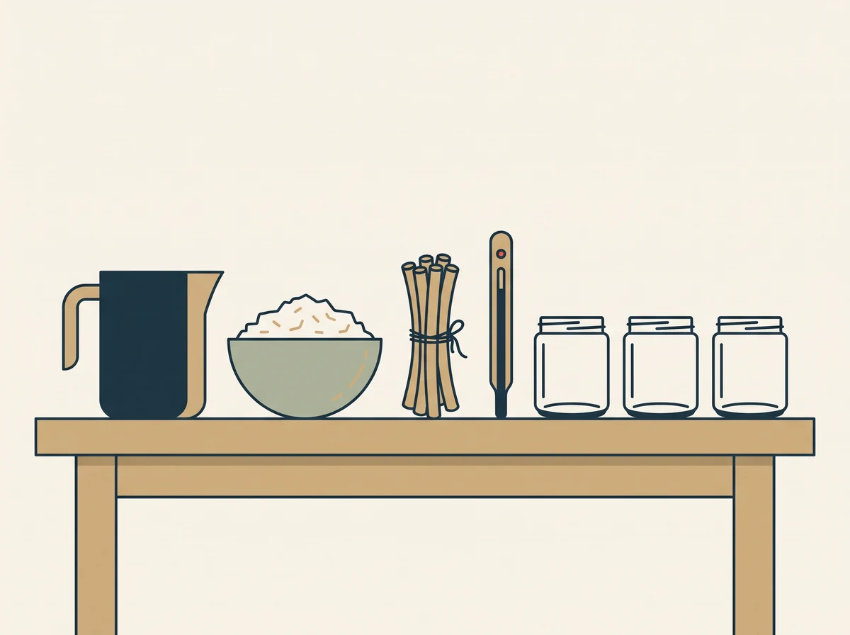 A candle makers workbench with a pouring pitcher, a bowl of wax flakes, a bundle of wicks, a thermometer and three empty glass jars.