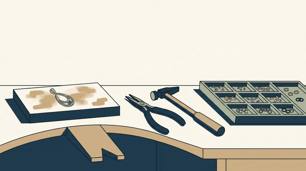 A jewellers workbench with a pendant on a soldering block, fine pliers, a small hammer and a tray of findings.