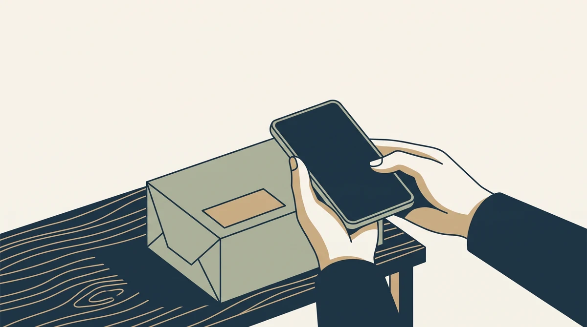 Hands holding a phone with a blank screen above a parcel that carries a plain label on a packing bench.