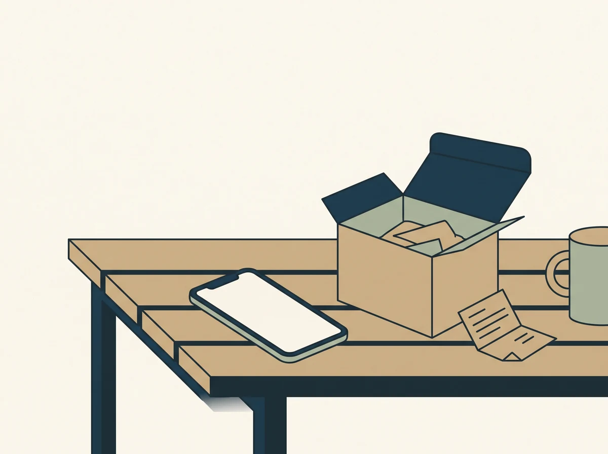 A phone with a blank screen on a bench beside an opened returns box, a folded note and a mug.