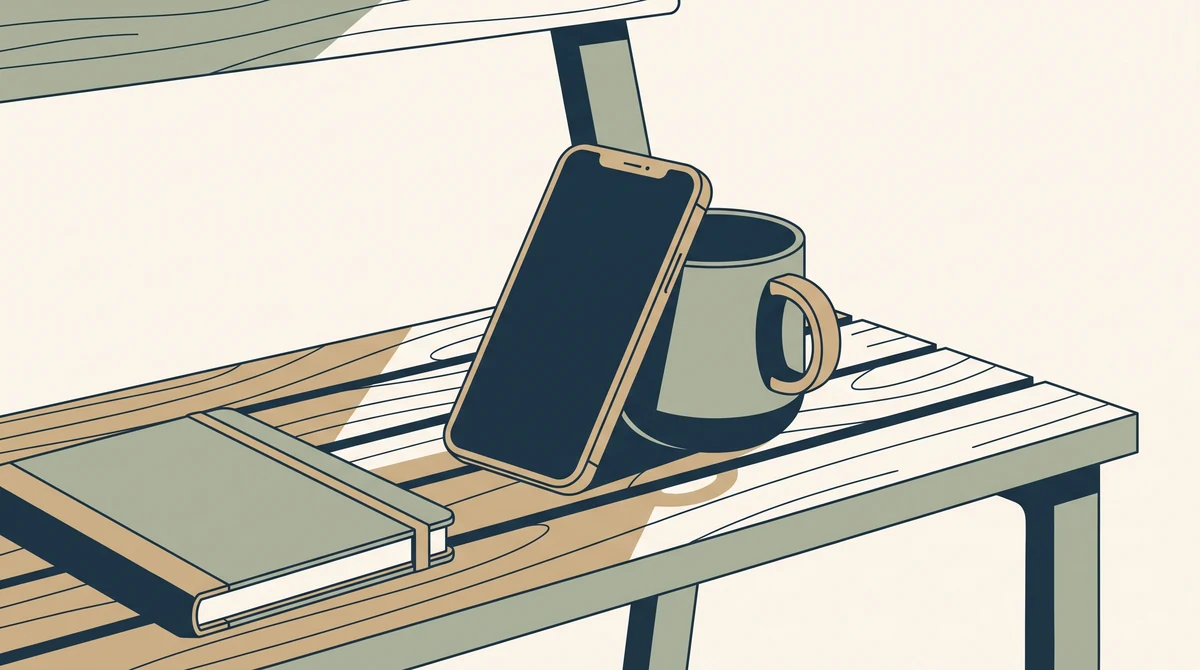 A phone with a blank screen propped against a mug on a morning bench, with a closed notebook beside it.