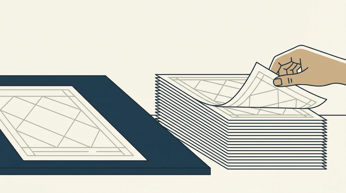 A master printed sheet on a drawing board beside a tall stack of identical sheets, with a hand lifting the top one.