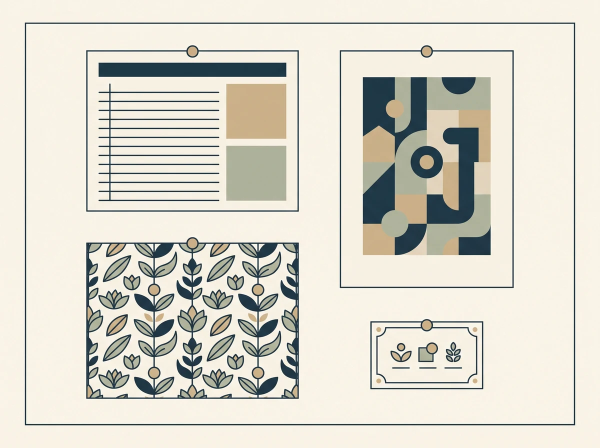 A pinboard with blank printed samples pinned to it: a ruled planner page, an abstract print, a pattern sheet and a small card.
