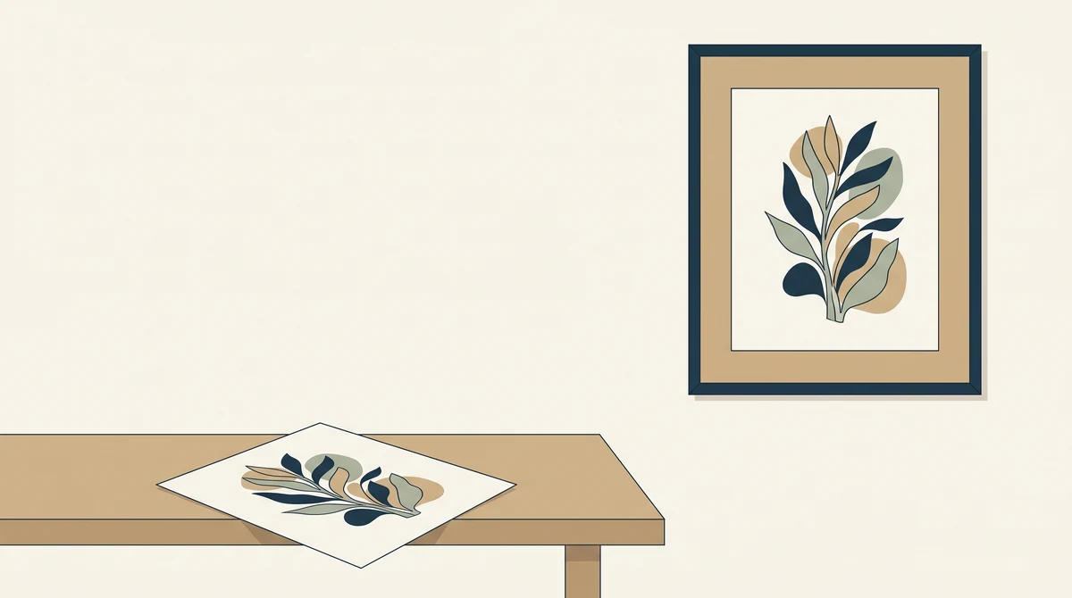 A framed print on a wall above a bench, with the identical unframed sheet lying loose below it.