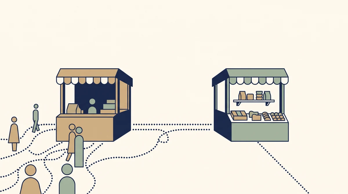 Two market stalls side by side, the left facing a busy street with paths flowing past, the right quieter with one path arriving directly at it.