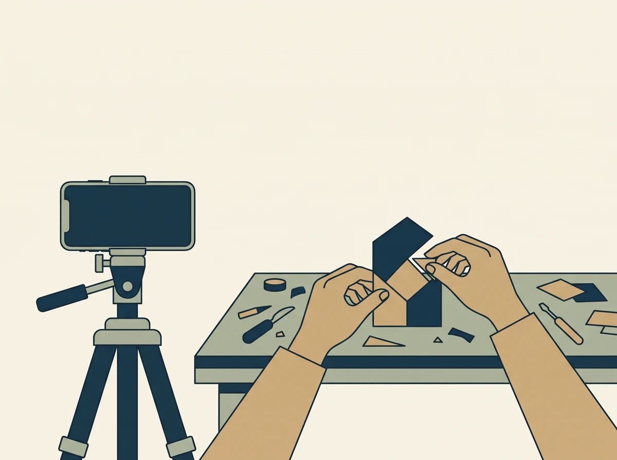 A phone with a blank screen on a small tripod filming a pair of hands working at a bench.